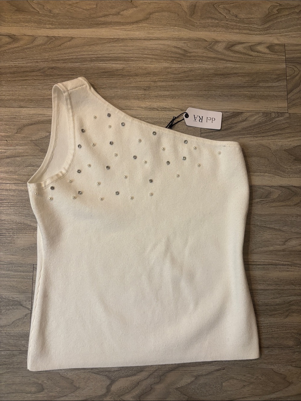 One-Shoulder Cream Embellished Knit Dress